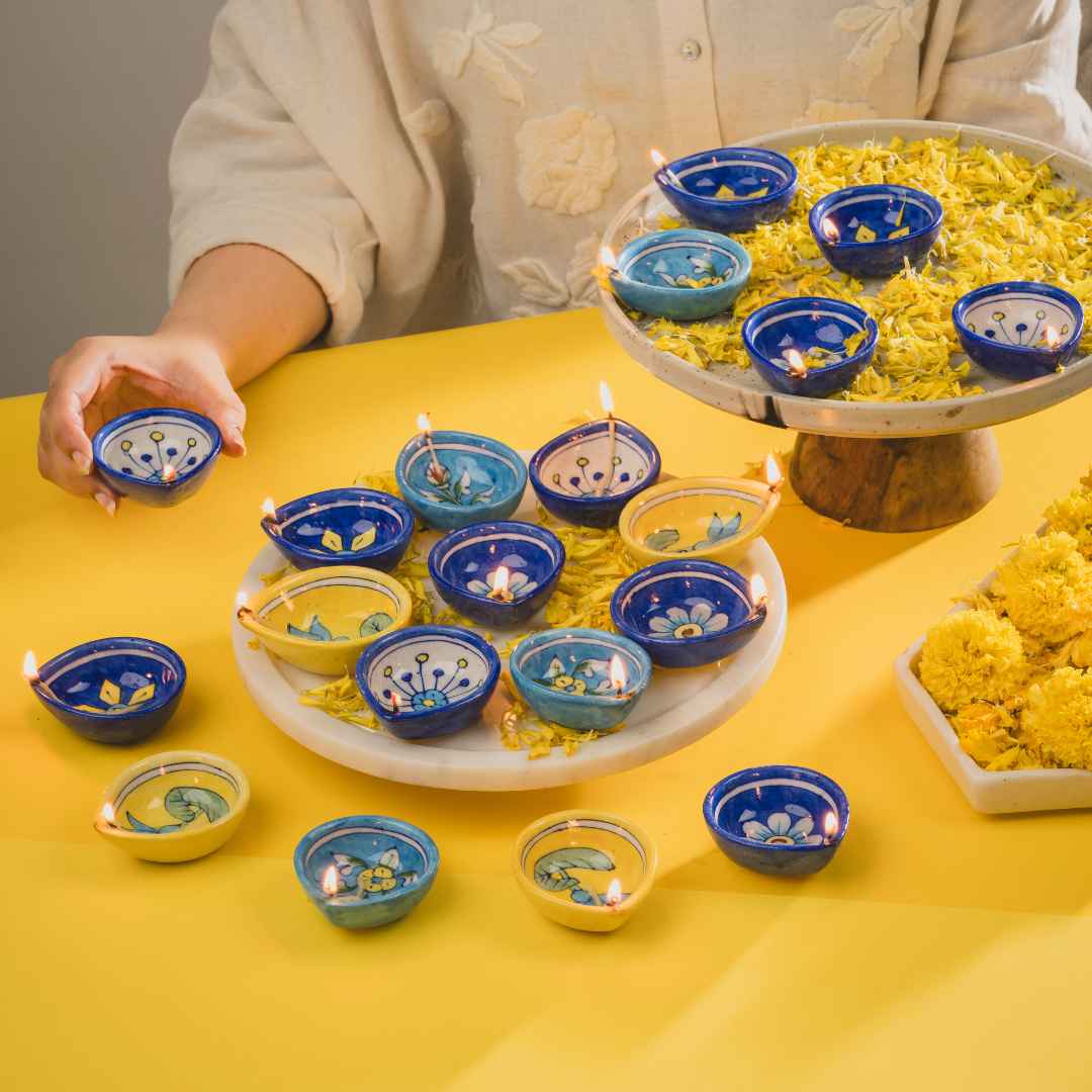 Assorted Blue Pottery Diya (Set Of 12)
