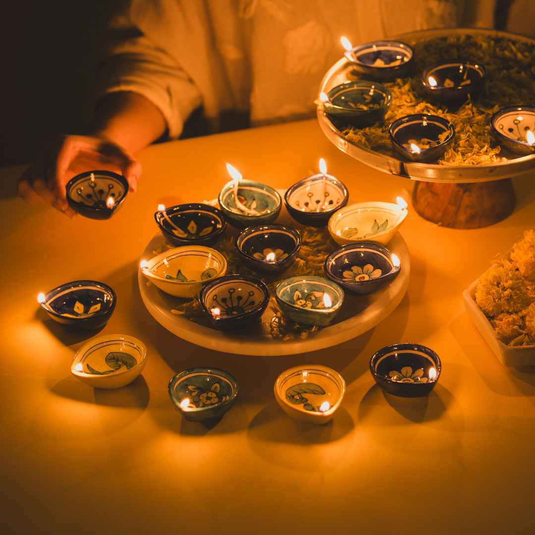 Assorted Blue Pottery Diya (Set Of 12)