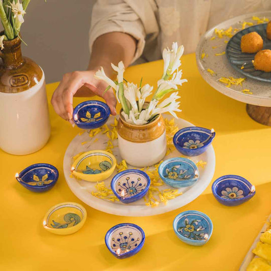 Assorted Blue Pottery Diya (Set Of 12)