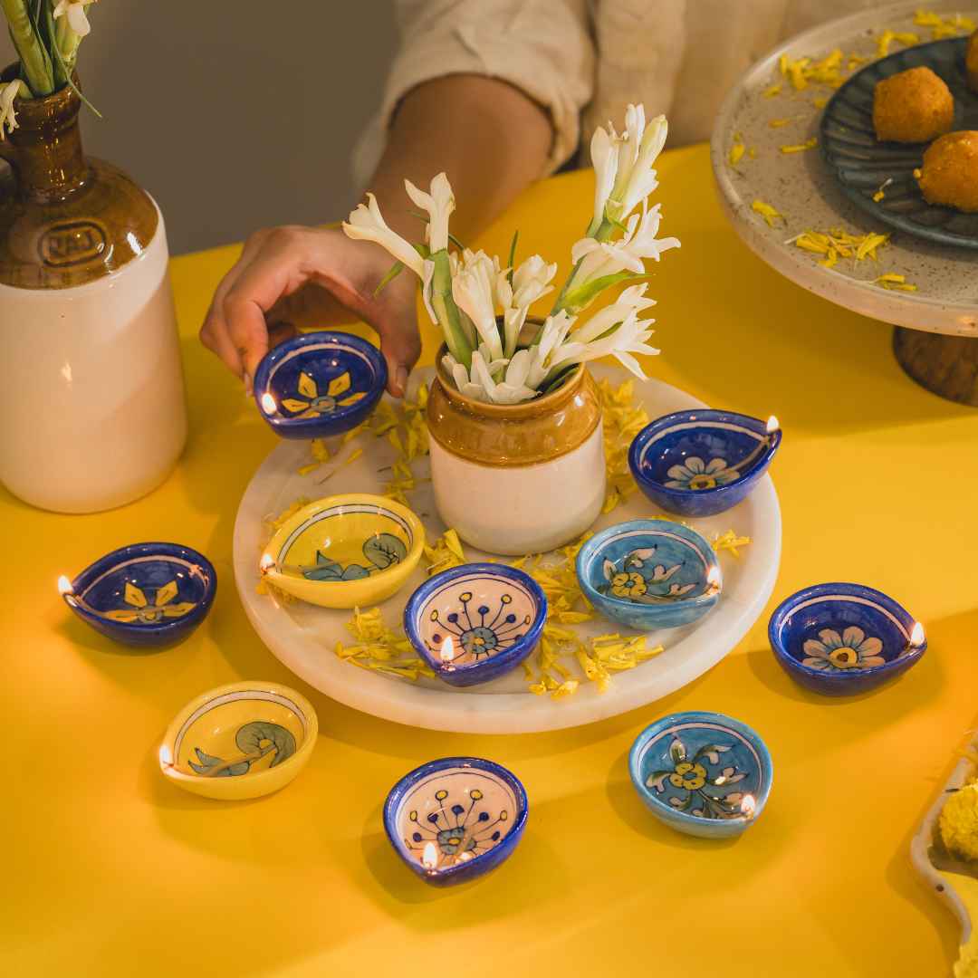 Assorted Blue Pottery Diya (Set Of 12)