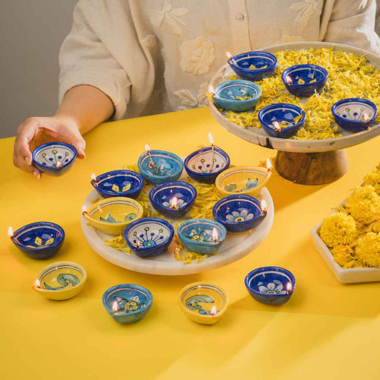 Assorted Blue Pottery Diya (Set Of 12)