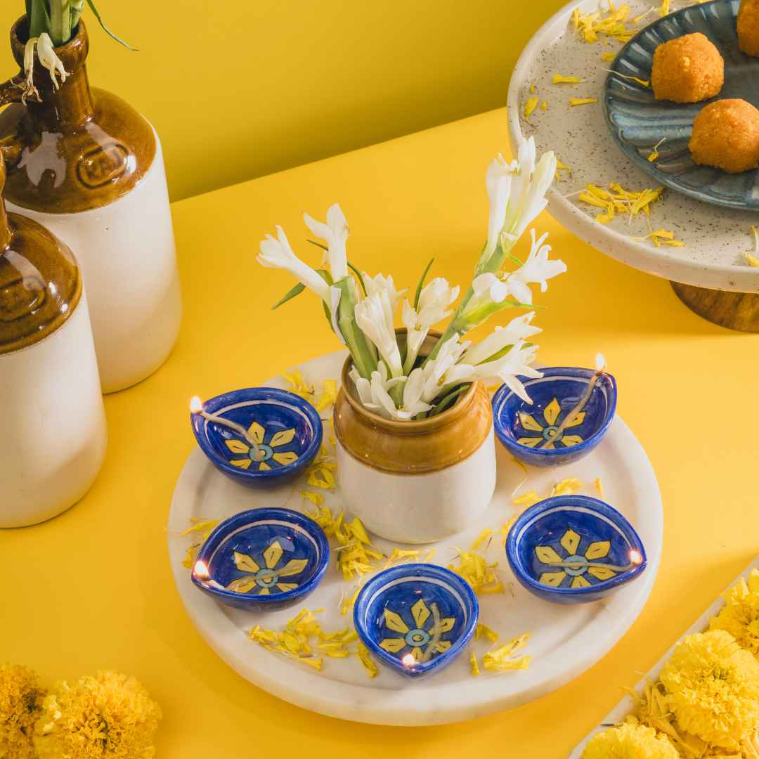 Assorted Blue Pottery Diya (Set Of 12)