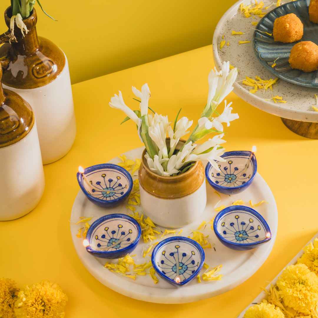 Assorted Blue Pottery Diya (Set Of 12)