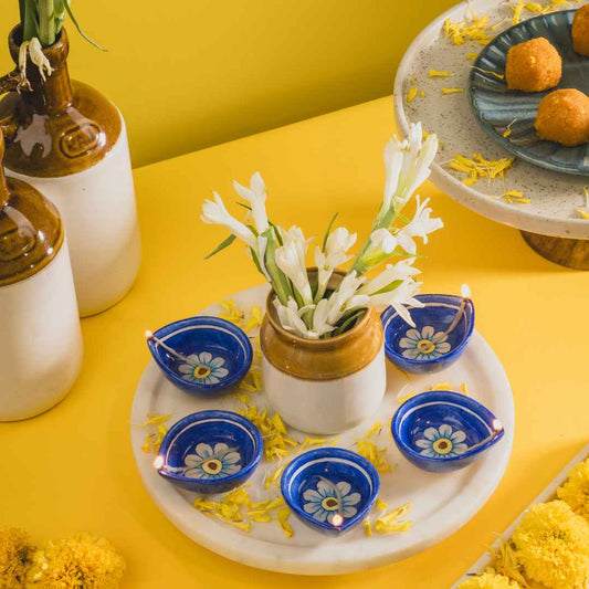 Jasmine Blue Pottery Diya (Set Of 5)