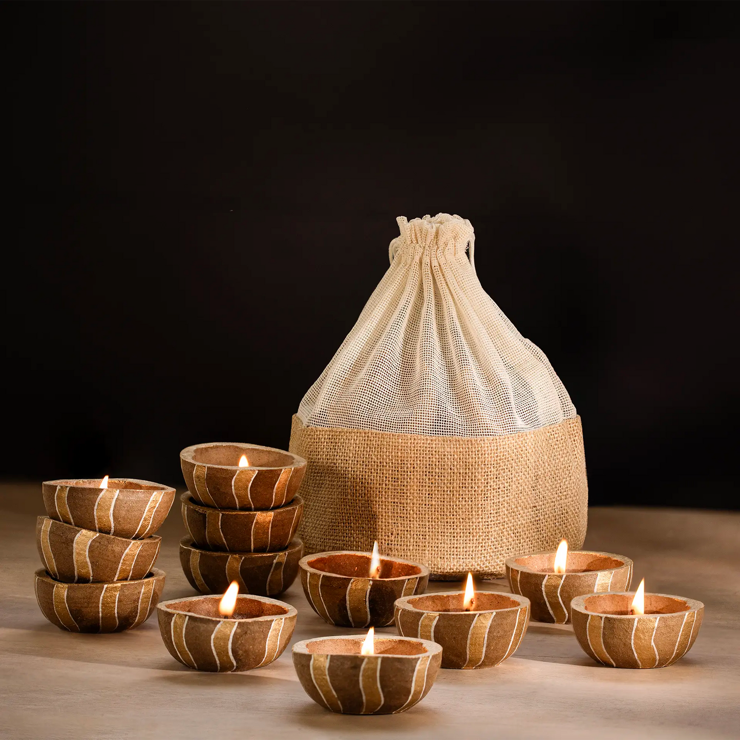 Gold stripes diya set of 12